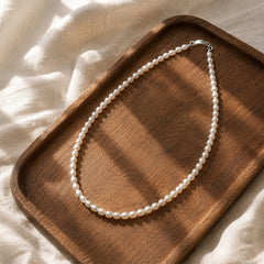 5mm Uniform Standard Oval Natural Freshwater Pearl Full Strand Necklace Solid 925 Sterling Silver Clasp