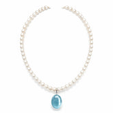 6mm Oval Natural Freshwater Pearl Necklace With Natural Aquamarine Crystal Pendant Solid 925 Sterling Silver Clasp