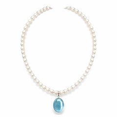 6mm Oval Natural Freshwater Pearl Necklace With Natural Aquamarine Crystal Pendant Solid 925 Sterling Silver Clasp