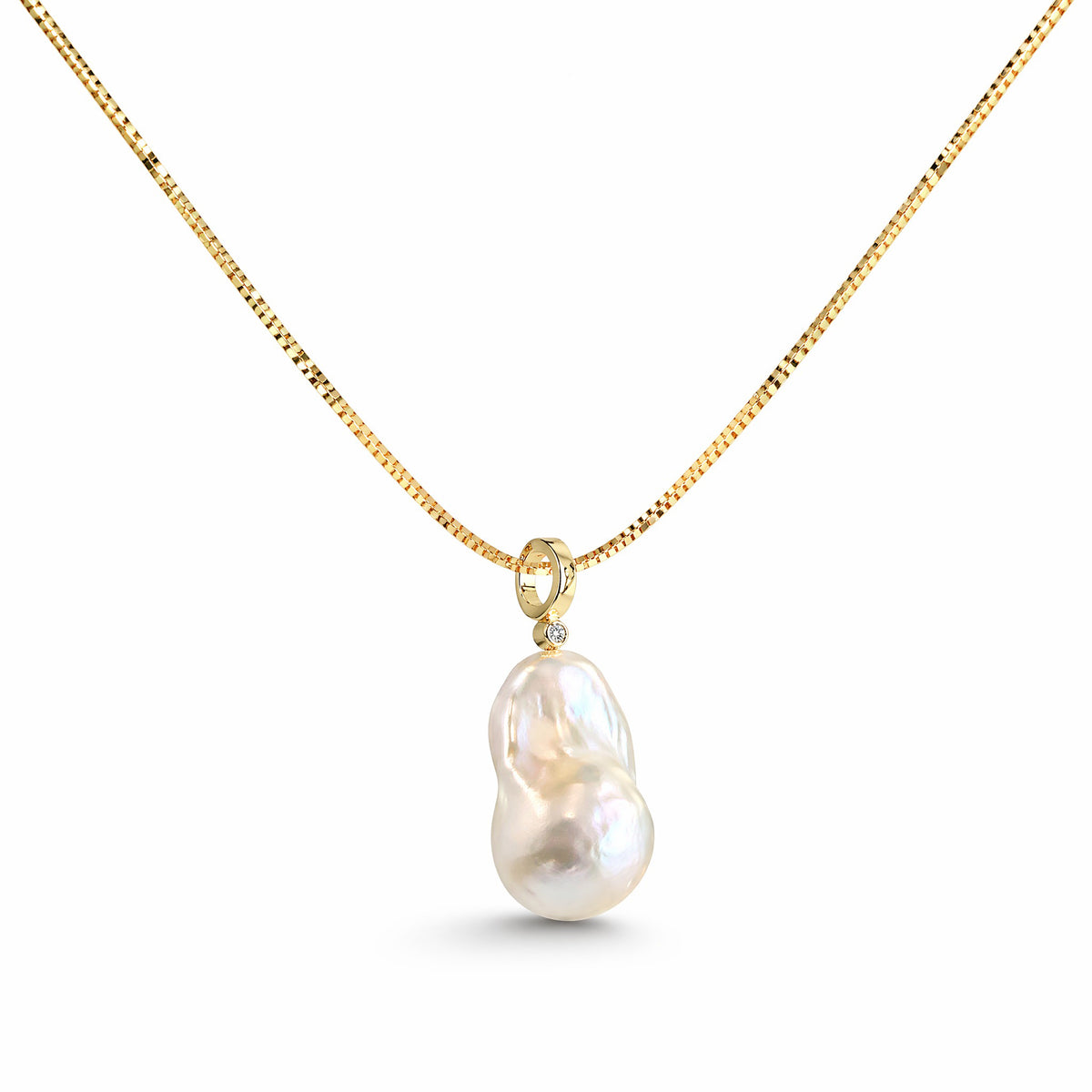 Dainty Box Chain Baroque Natural Pearl Gold-Plated Silver Pendant Necklace