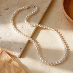 Smooth Round Natural Freshwater Pearl Solid 925 Sterling Silver Strand Necklace