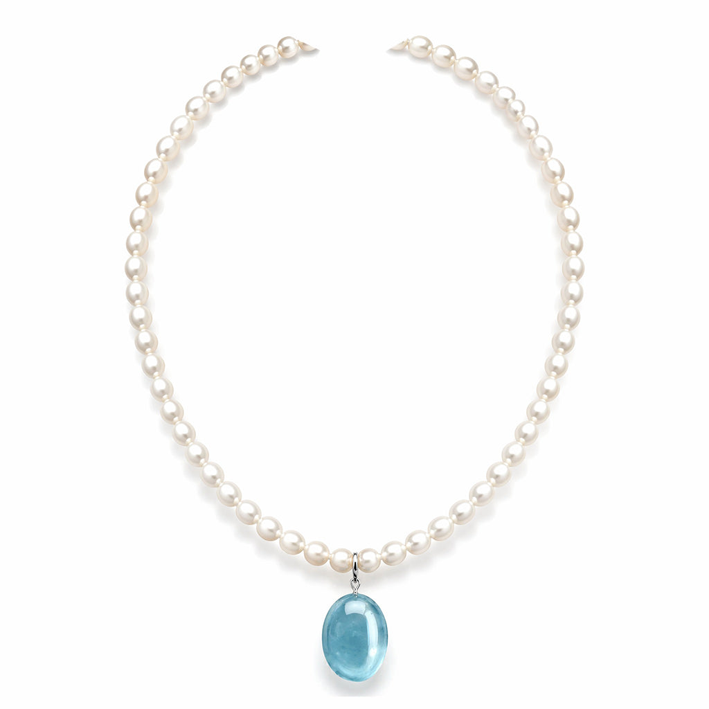 6mm Oval Natural Freshwater Pearl Necklace With Natural Aquamarine Crystal Pendant Solid 925 Sterling Silver Clasp