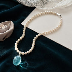 6mm Oval Natural Freshwater Pearl Necklace With Natural Aquamarine Crystal Pendant Solid 925 Sterling Silver Clasp